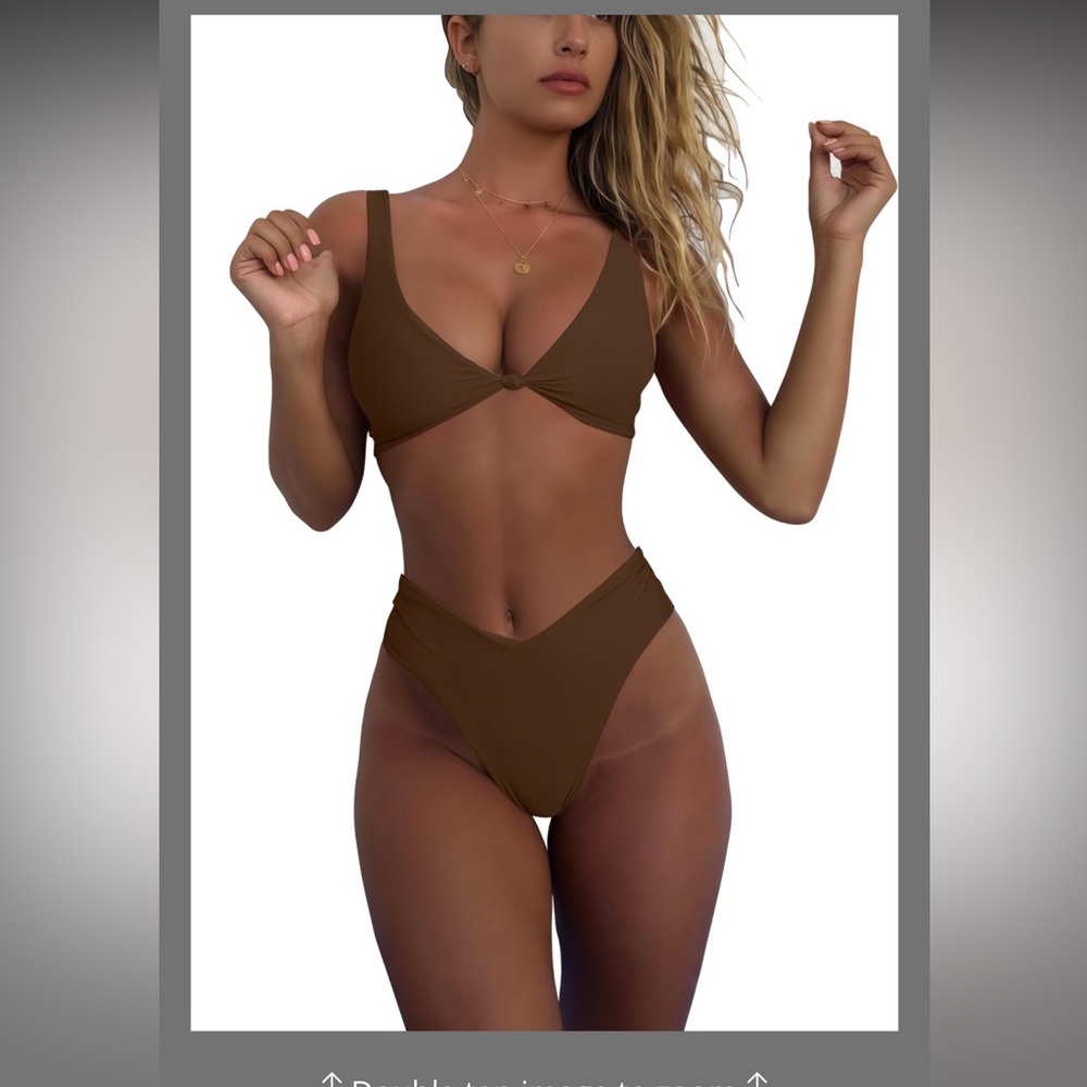 Brown Bikini Sets For Women High Waisted High Cut ,Cute Kont Front Swimsuit S